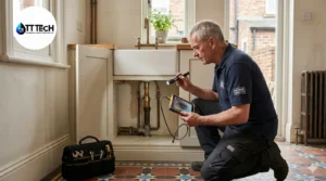 Plumber inspecting old house plumbing problems in a Sheffield home