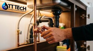 Sheffield homeowner locating and turning off a stopcock valve under the kitchen sink