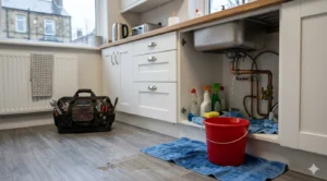 Burst pipe Sheffield emergency with leaking pipe under a kitchen sink